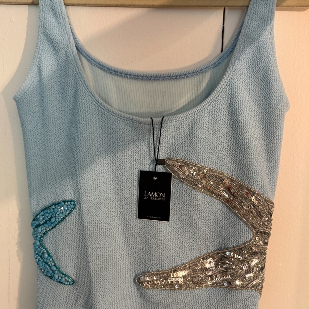 Leslie Amon AUTHENTIC NWOT Elegant Blue Dress with Starfish Embellishments - Picture 3 of 6